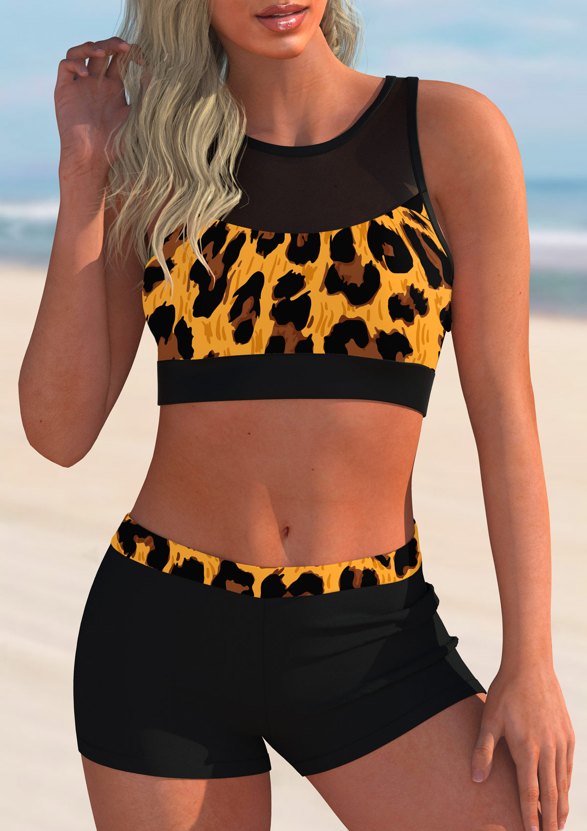 Dark Coffee swimwear,Leopard swimwear,ROTITA Leopard Mesh Stitching Mid Waist Bikini Set 