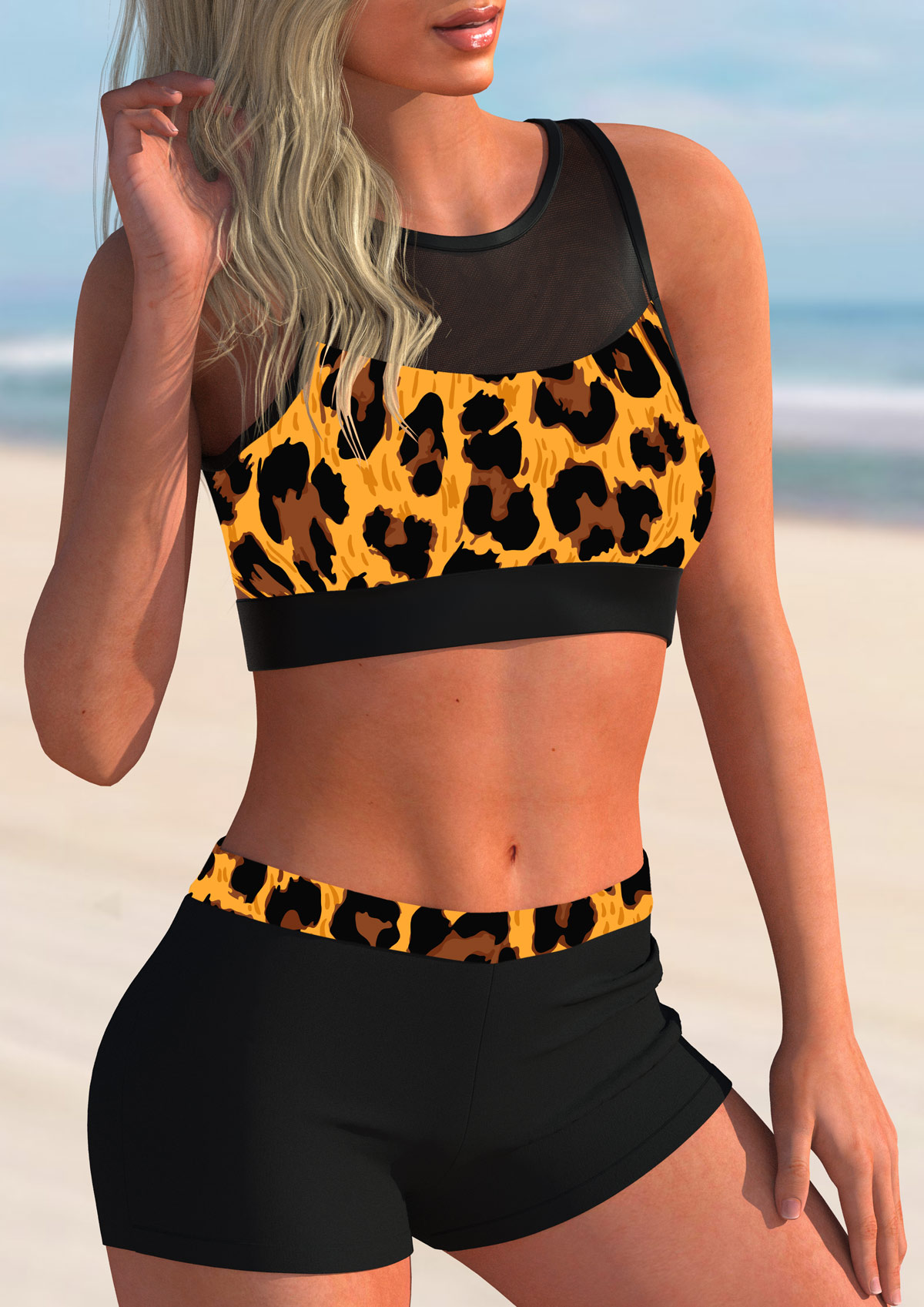 Dark Coffee swimwear,Leopard swimwear,ROTITA Leopard Mesh Stitching Mid Waist Bikini Set 