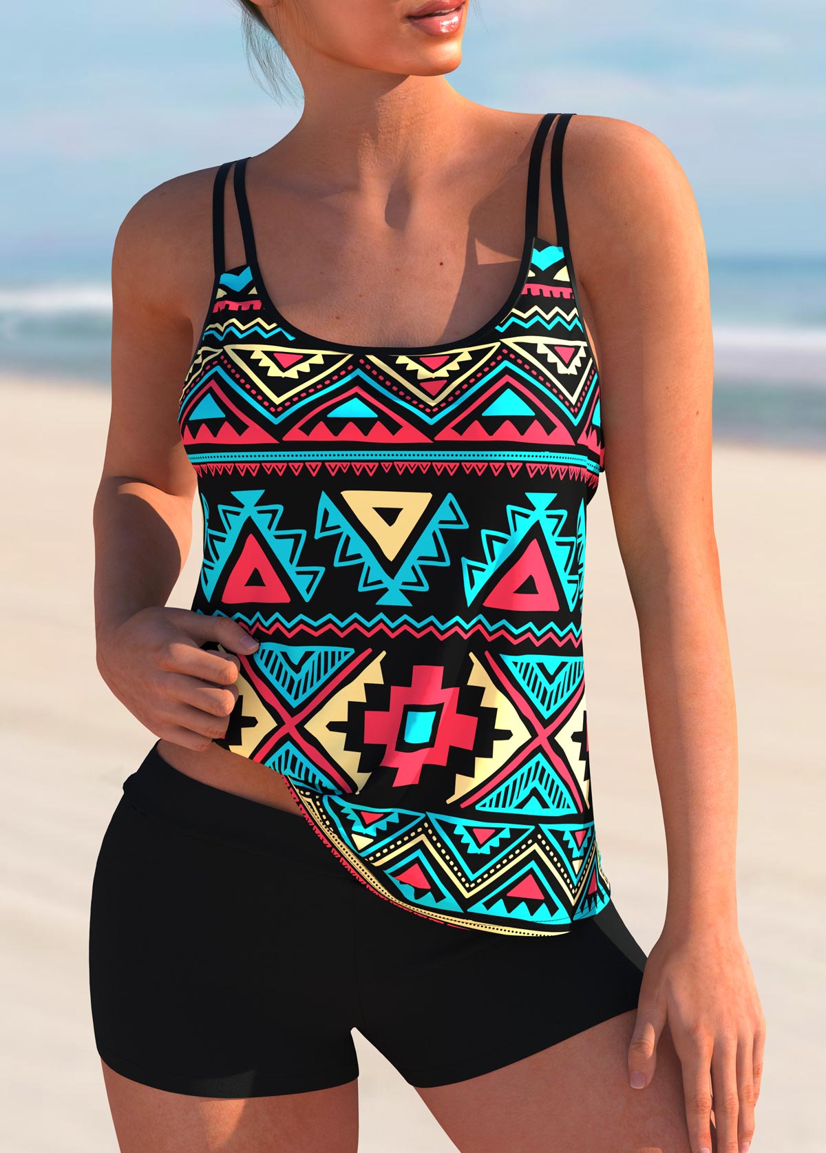 ROTITA Spaghetti Strap Tribal Print Tankini Set