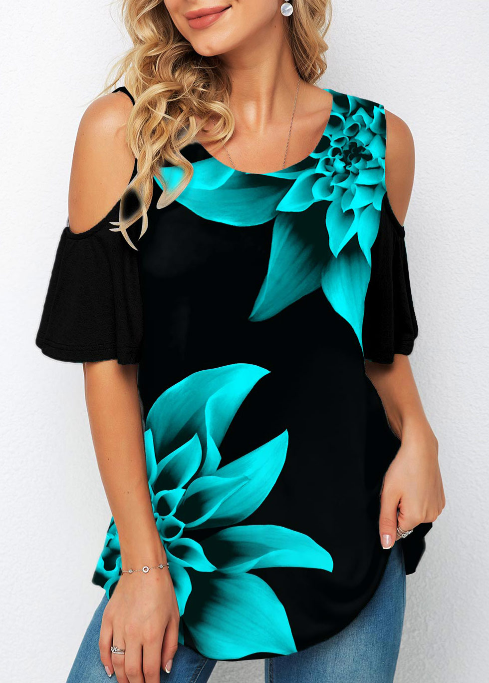 ROTITA Floral Print Cold Shoulder Half Sleeve T Shirt