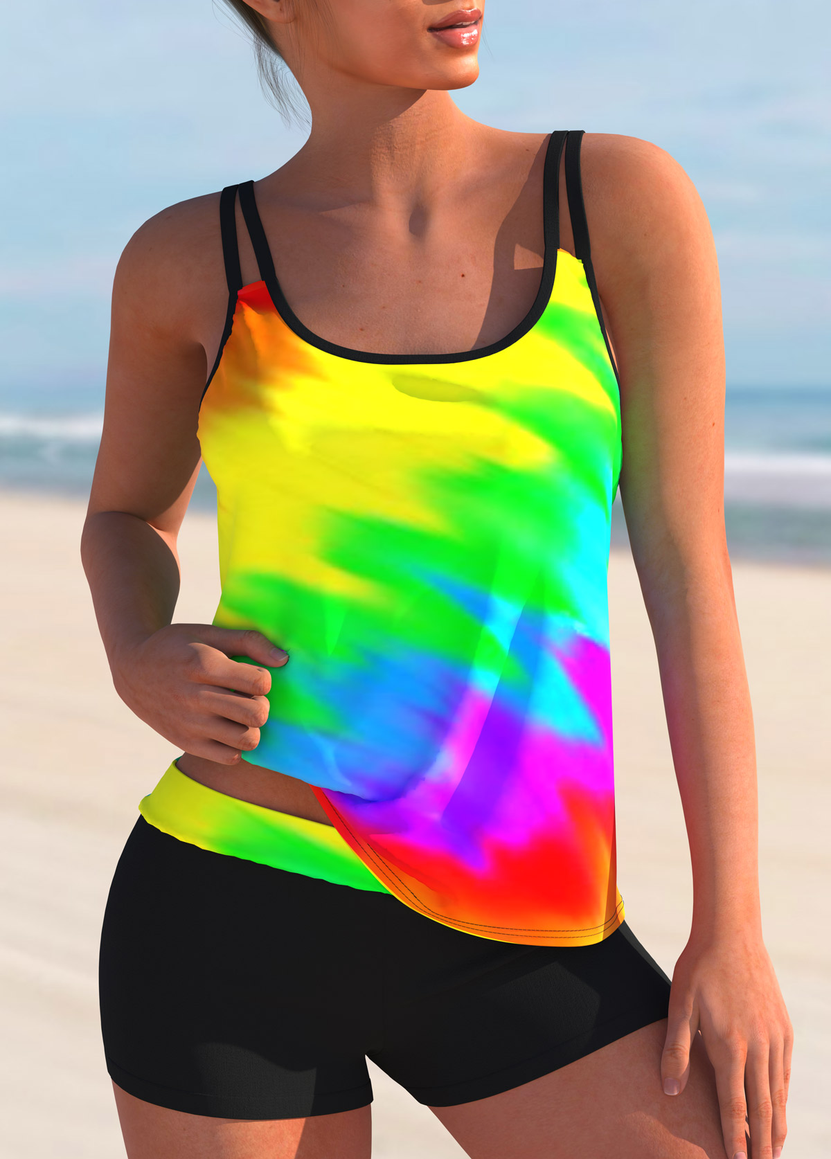 ROTITA Spaghetti Strap Rainbow Color Ombre Tankini Set 