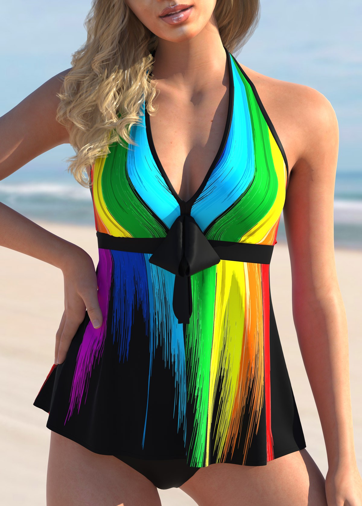 ROTITA Printed Rainbow Color Bowknot Halter Tankini Set 