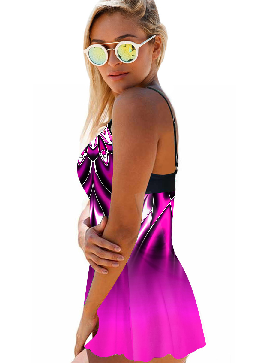 Purple swimwear,Ombre swimwear,ROTITA Ombre Tribal Print Cross Strap Swimdress and Panty 