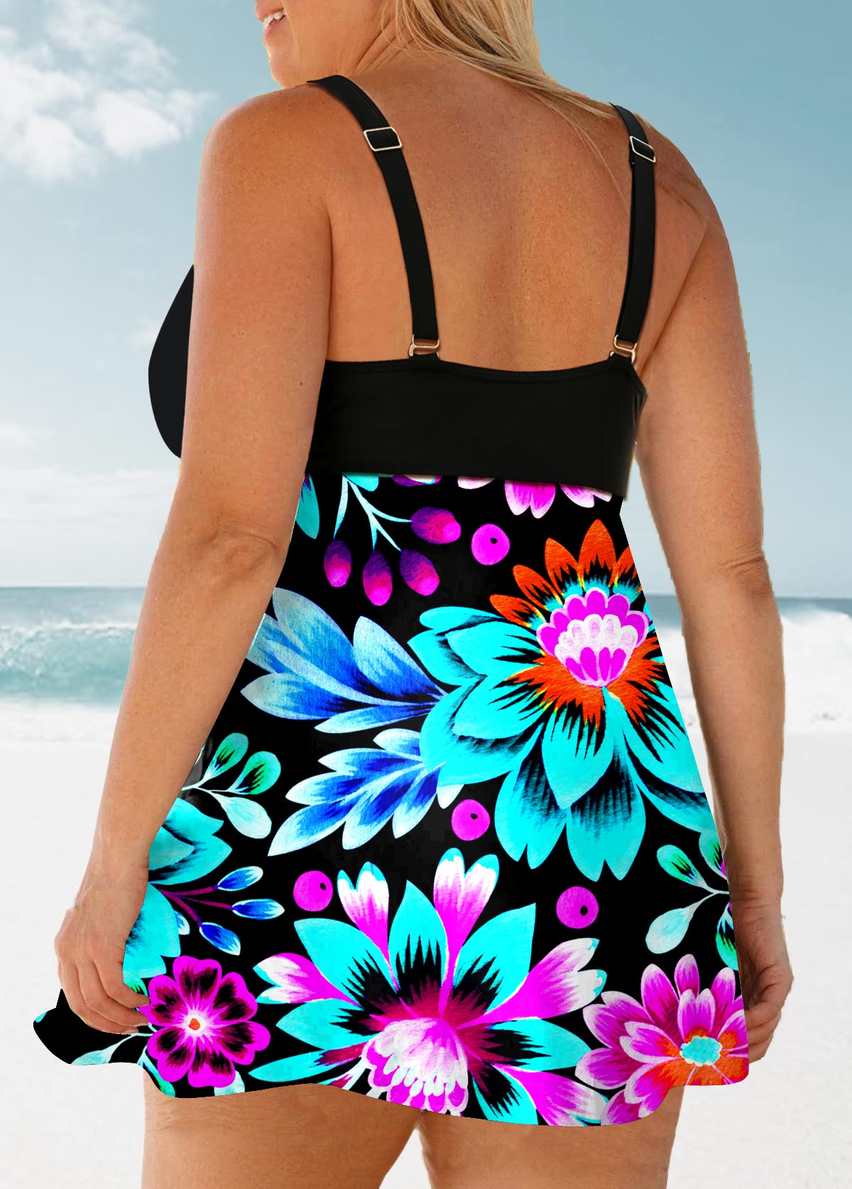 Multi Color plus size,Floral plus size,ROTITA Plus Size Floral Print Bowknot Front Swimdress Top