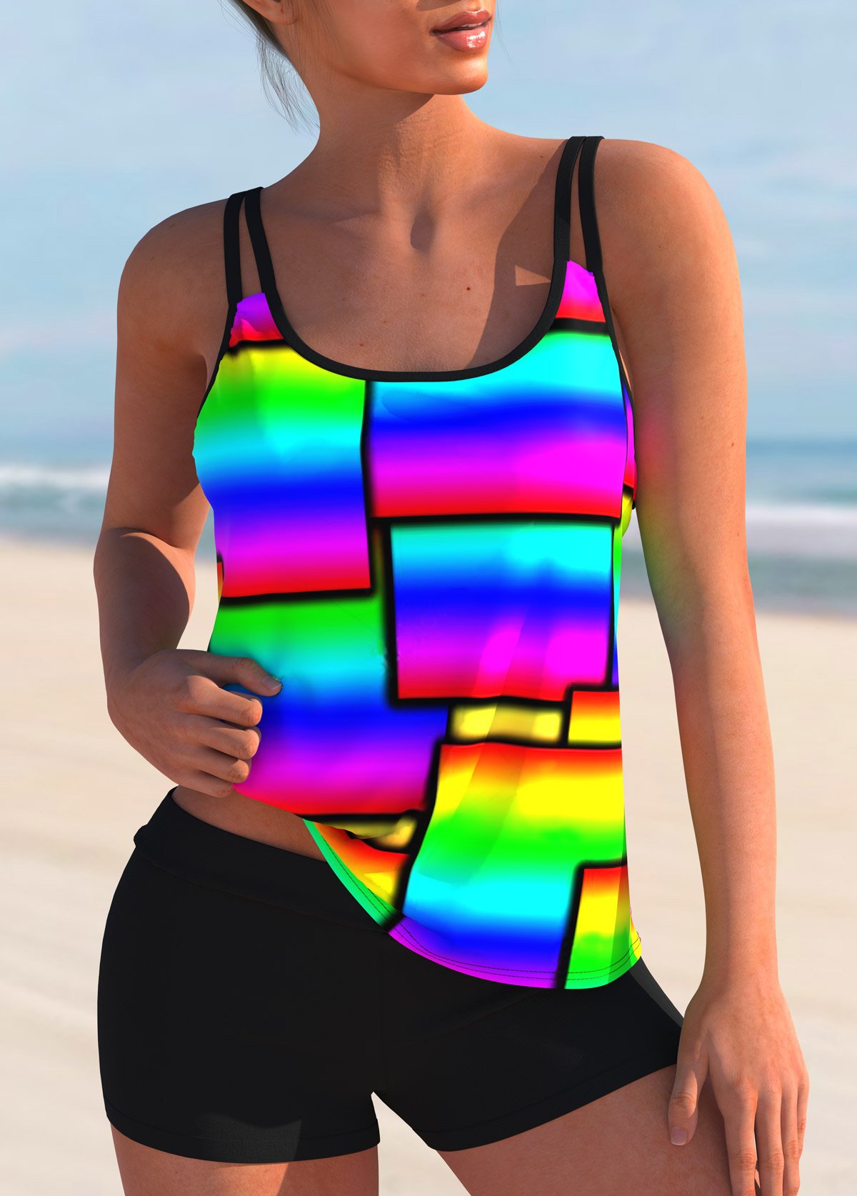 Multi Color swimwear,Geometric swimwear,ROTITA Geometric Print Rainbow Color Tankini Set