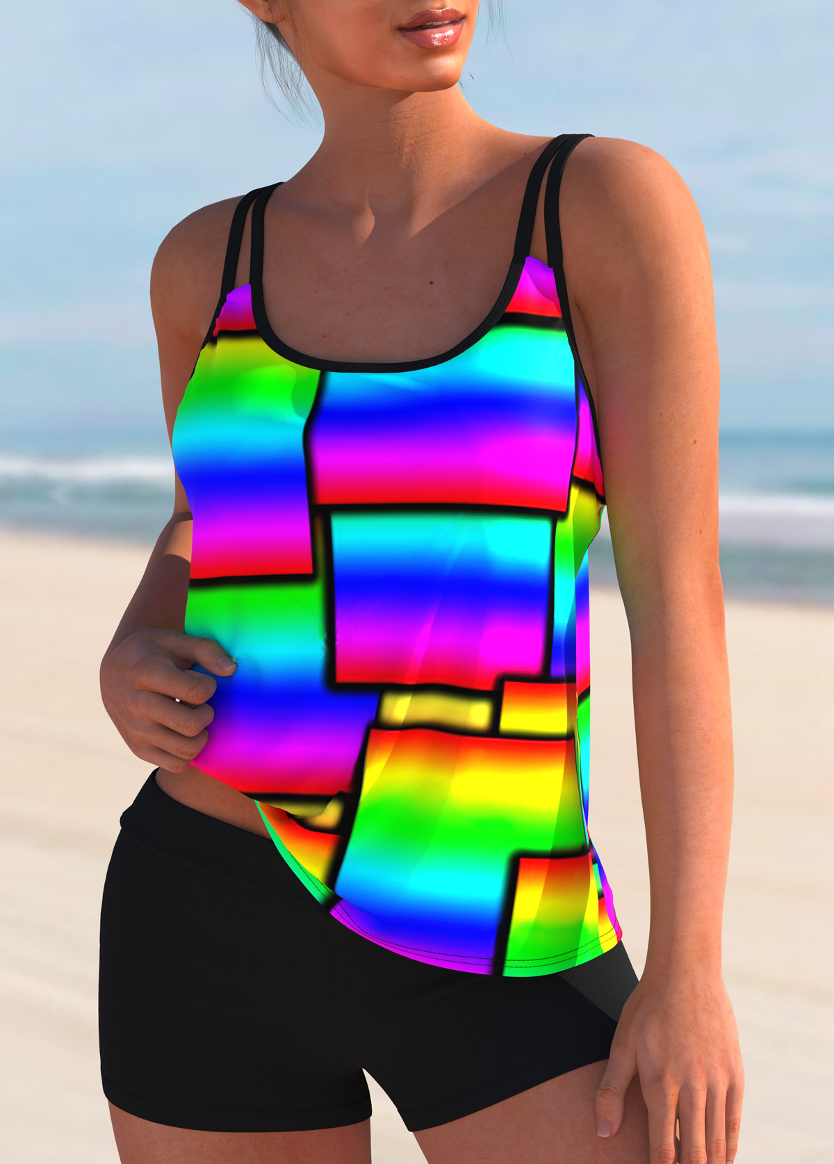 Multi Color swimwear,Geometric swimwear,ROTITA Geometric Print Rainbow Color Tankini Set