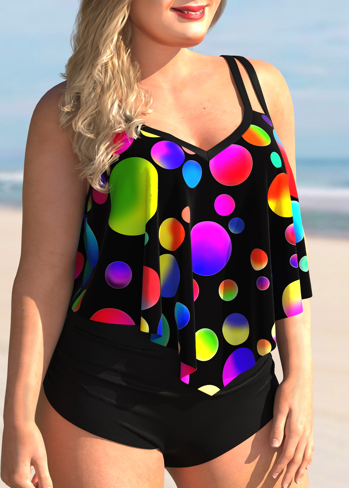 Multi Color plus size,Dot plus size,ROTITA Polka Dot Rainbow Color Plus Size Tankini Set