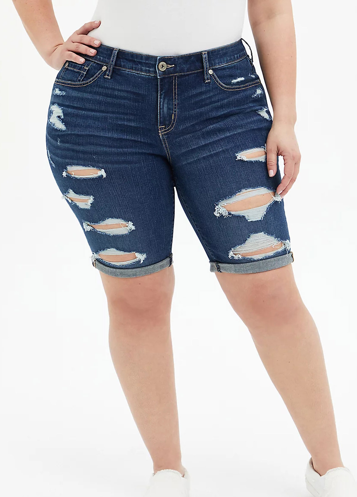 Denim Blue plus size,Plain Color plus size,ROTITA Shredded Plus Size Acid Washed Denim Shorts