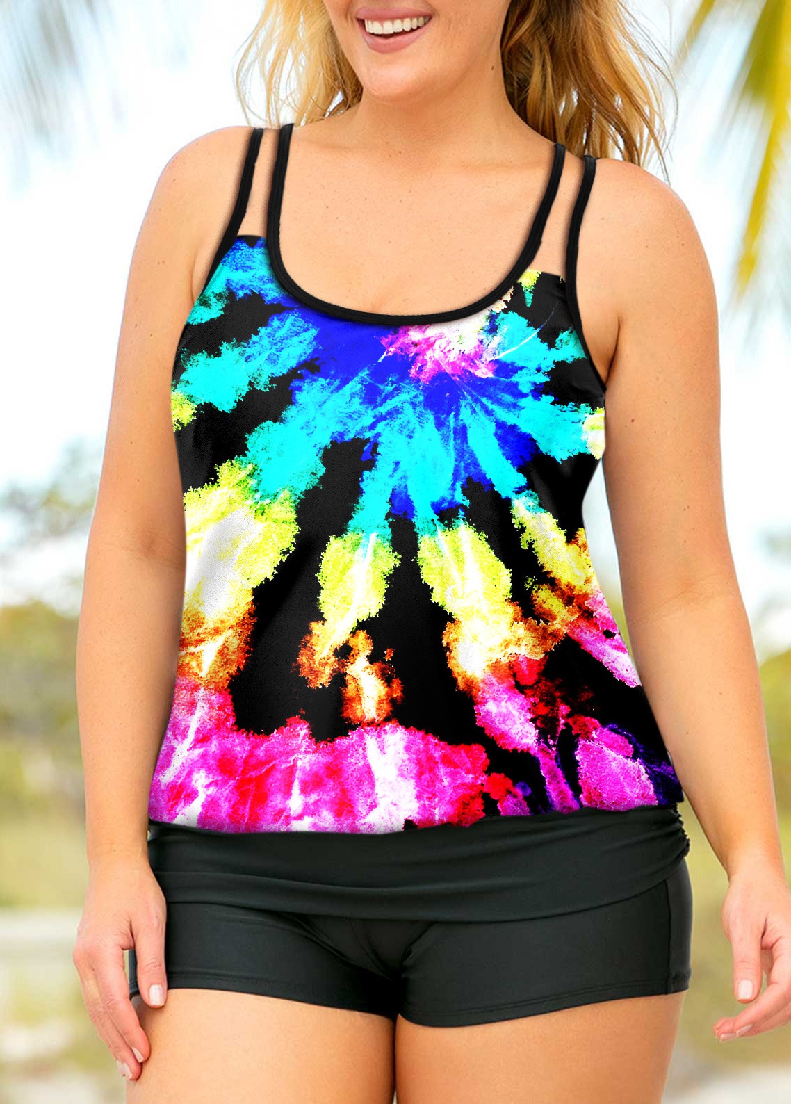 Multi Color plus size,Tie Dye plus size,ROTITA Tie Dye Print Plus Size Colorful Tankini Set