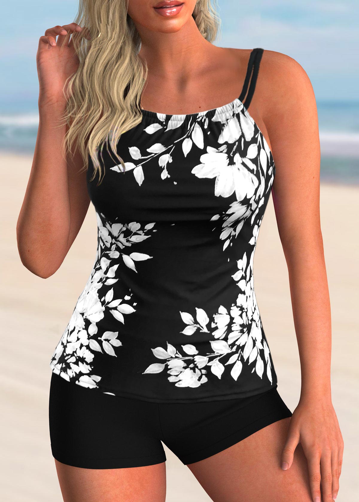 White swimwear,Plants swimwear,Spaghetti Strap Leaf Print Tankini Set