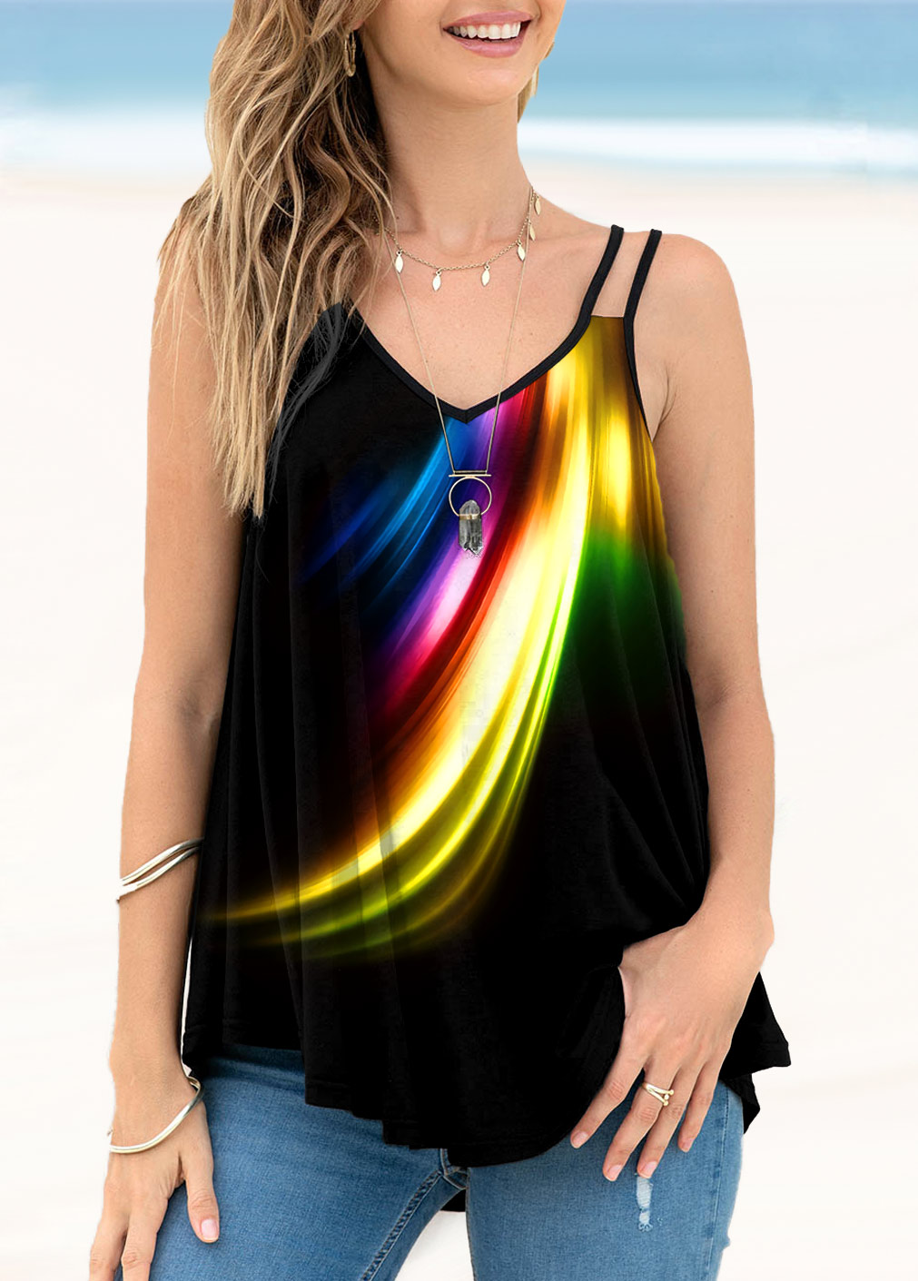 Multi Color tops,Floral tops,ROTITA Printed Colorful Spaghetti Strap Camisole Top