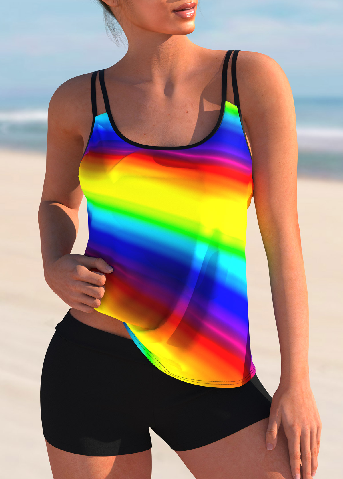 Multi Color swimwear,Floral swimwear,ROTITA Spaghetti Strap Rainbow Color Printed Tankini Set
