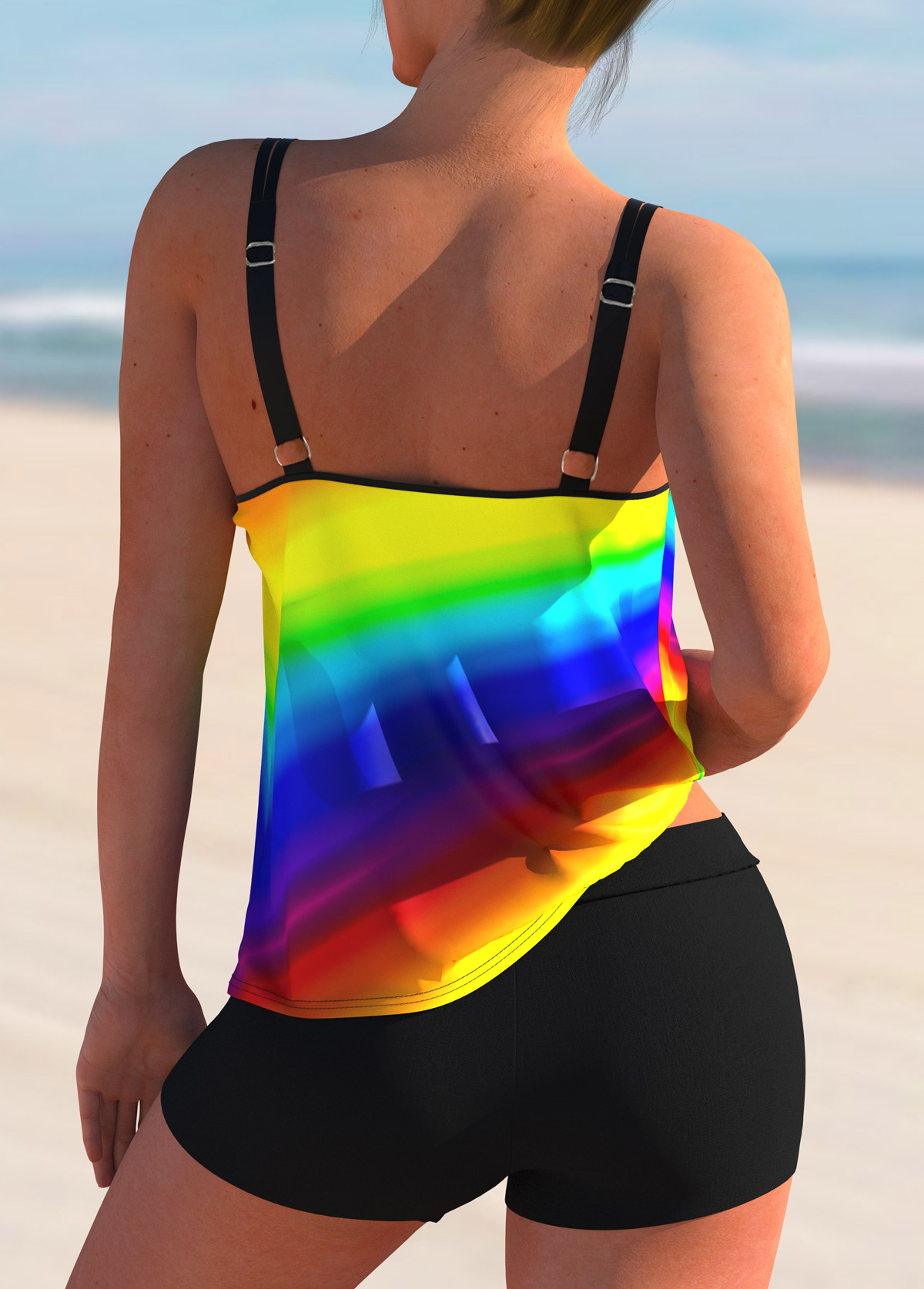 Multi Color swimwear,Floral swimwear,ROTITA Spaghetti Strap Rainbow Color Printed Tankini Set