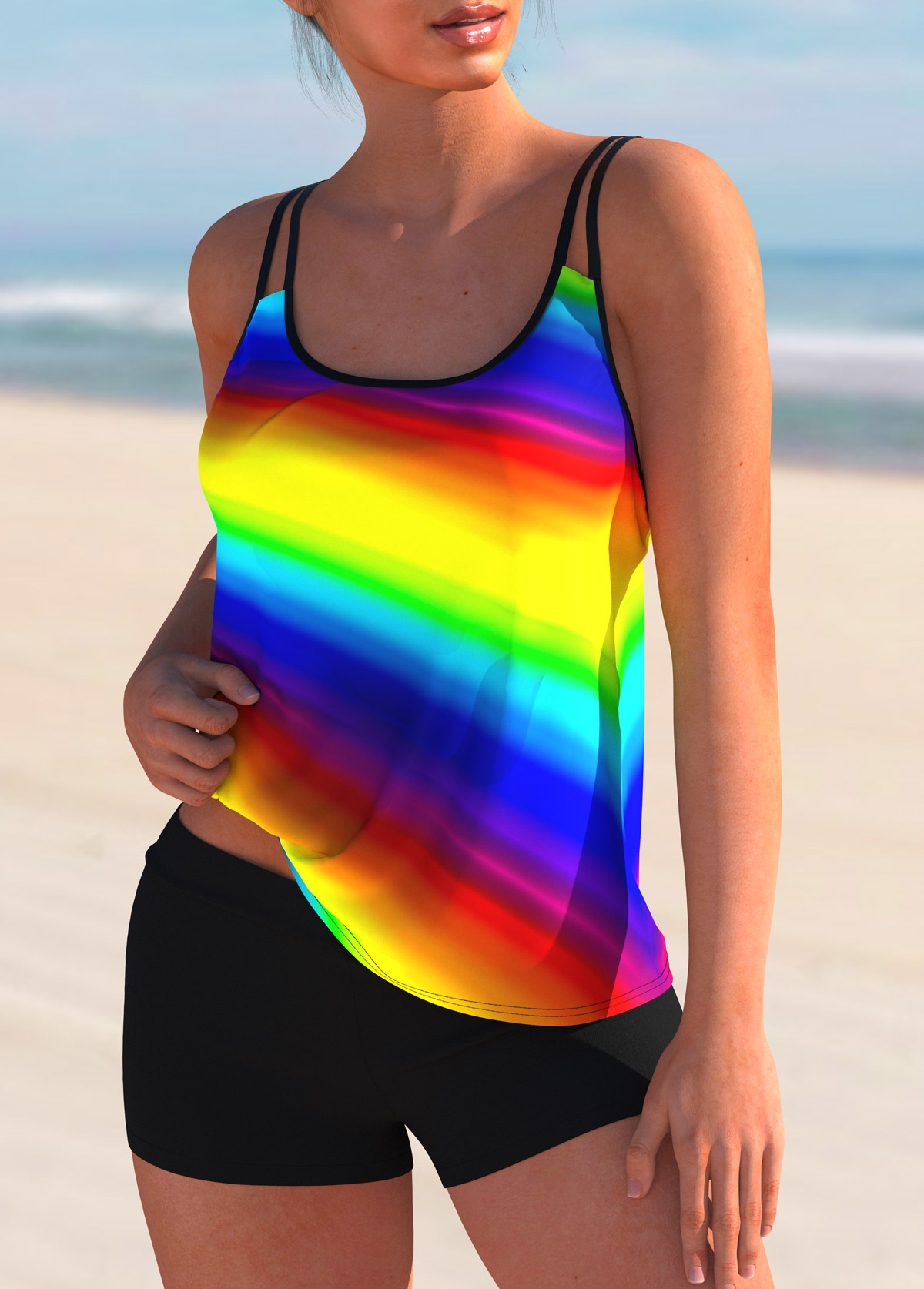 Multi Color swimwear,Floral swimwear,ROTITA Spaghetti Strap Rainbow Color Printed Tankini Set