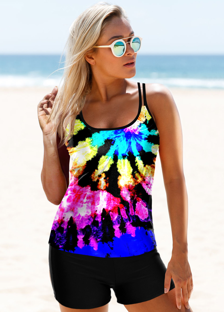 Multi Color swimwear,Tie Dye swimwear,ROTITA Rainbow Color Tie Dye Print Tankini Set