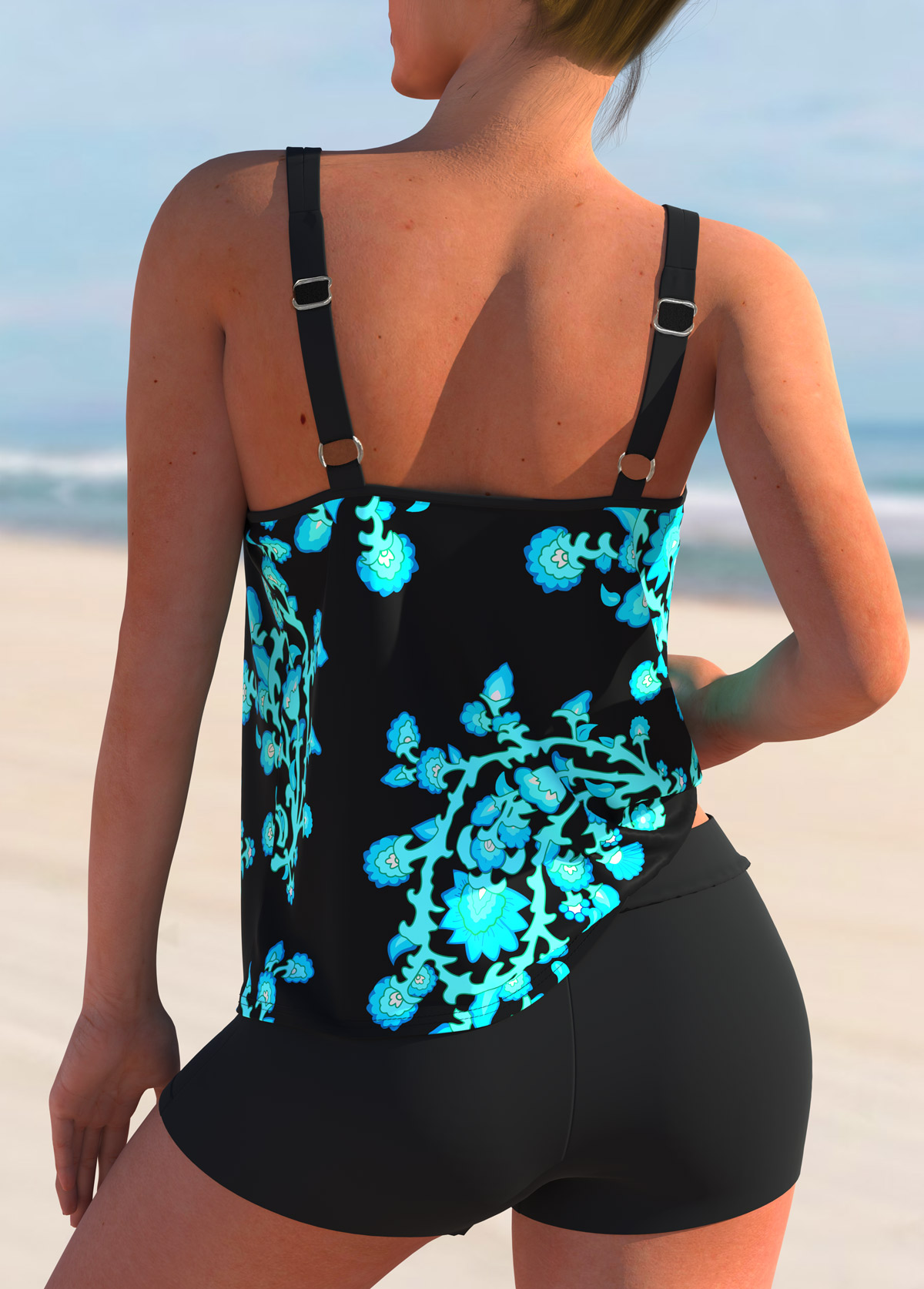 Cyan swimwear,Floral swimwear,ROTITA Floral Print Spaghetti Strap Tankini Set