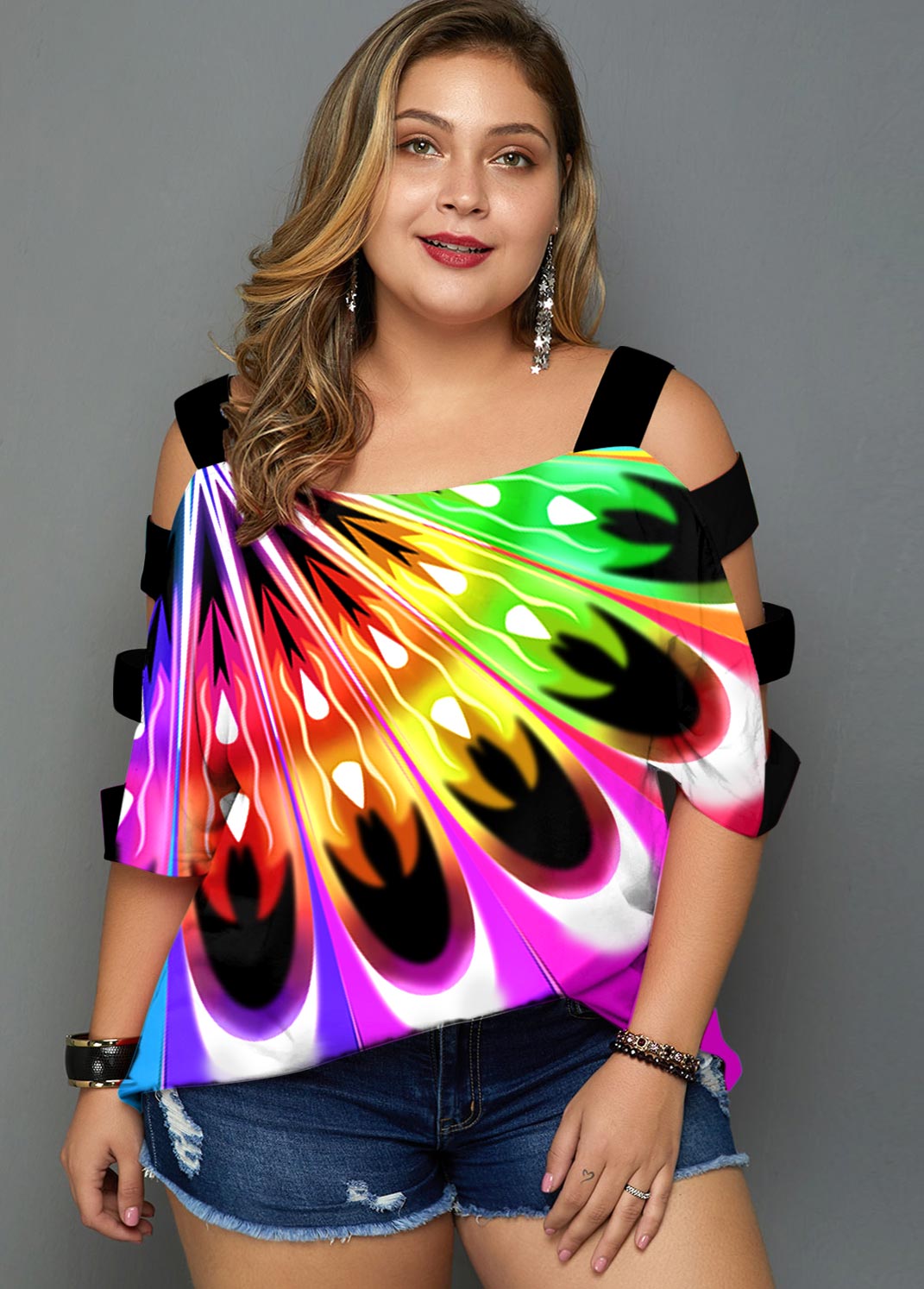 ROTITA Rainbow Color Plus Size Ladder Cutout T Shirt