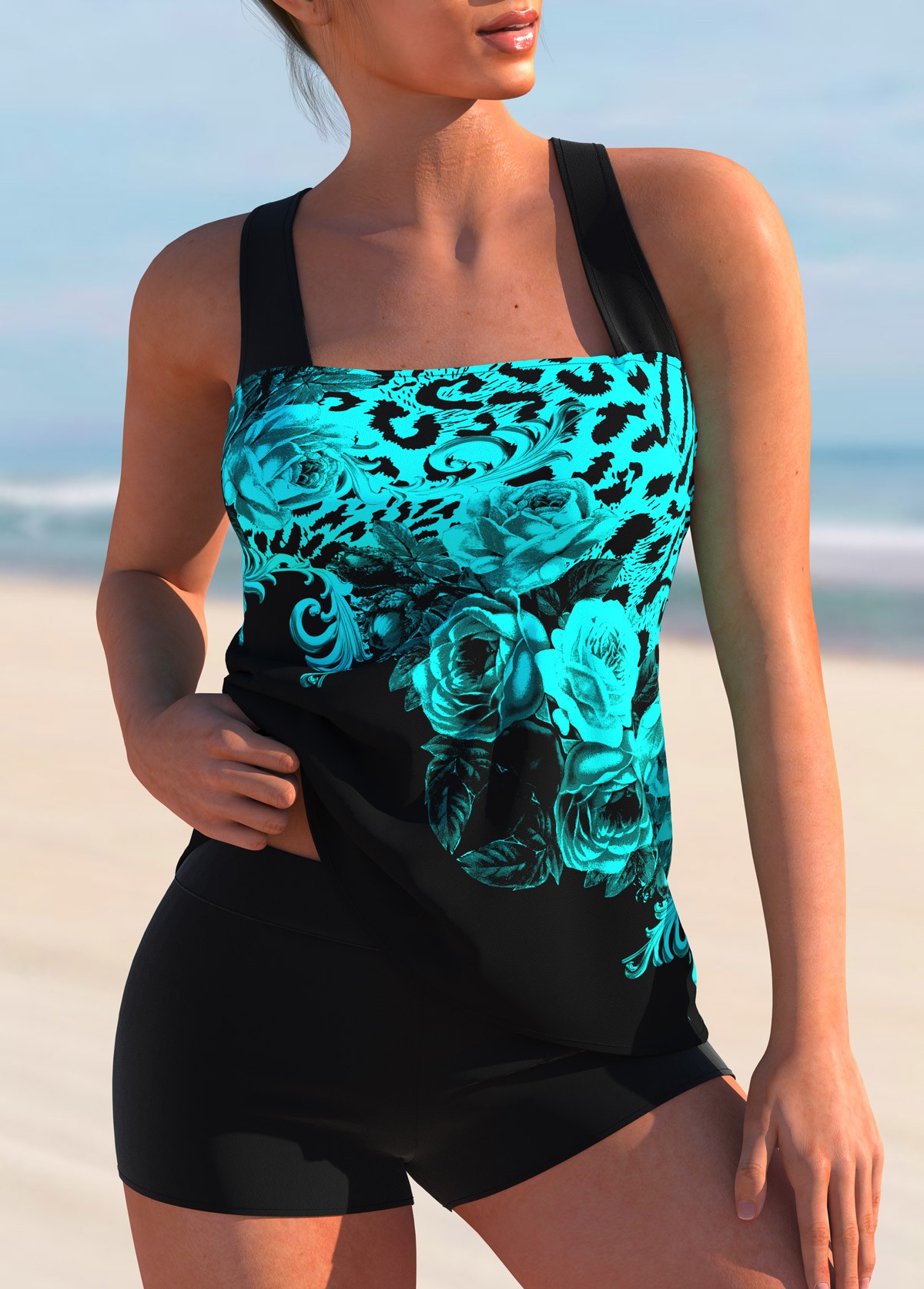 ROTITA Cross Strap Floral Print Tankini Set