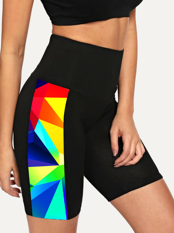 Black swimwear,Geometric swimwear,ROTITA Geometric Print High Waisted Swim Shorts