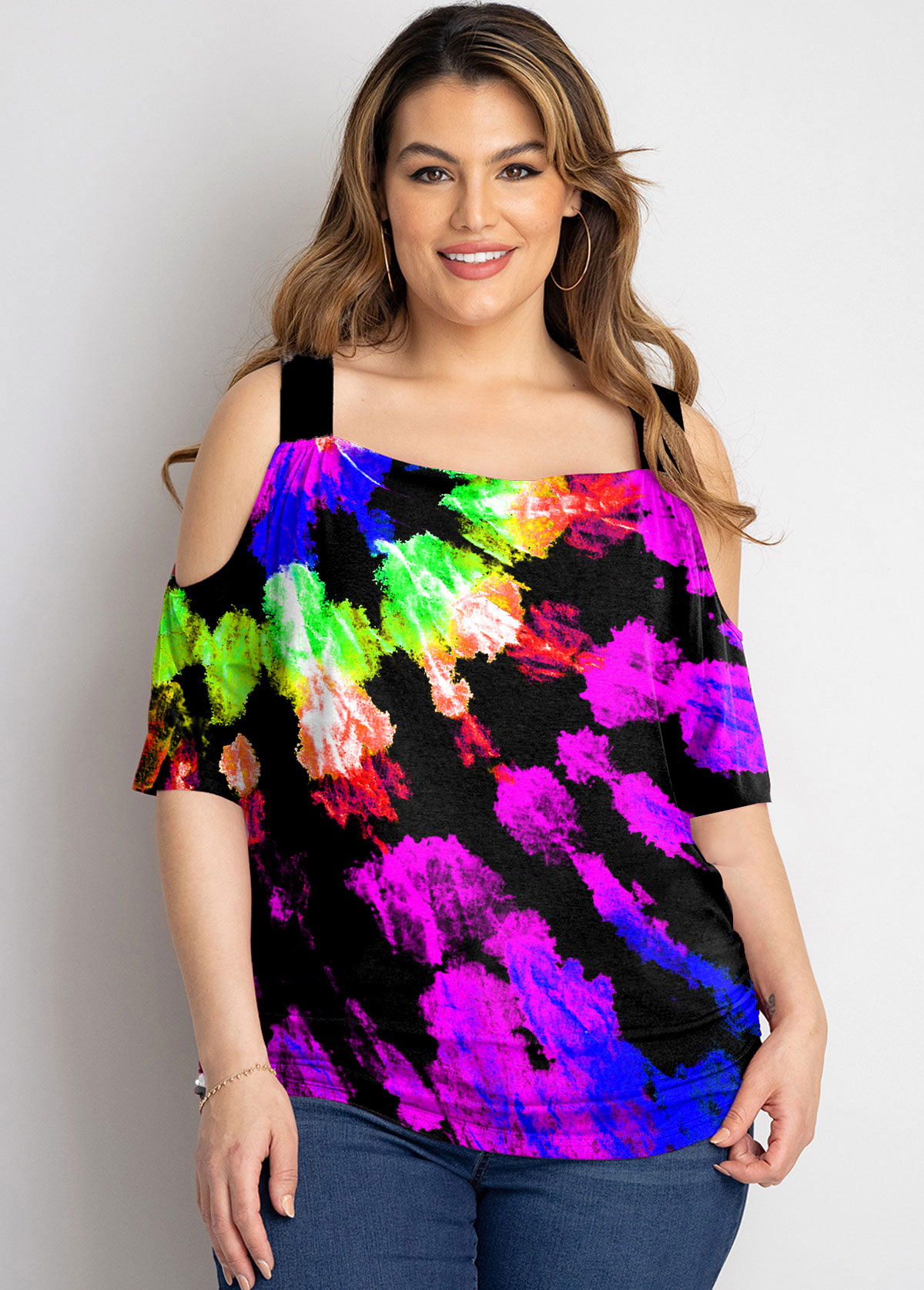 ROTITA Tie Dye Print Plus Size Rainbow Color T Shirt