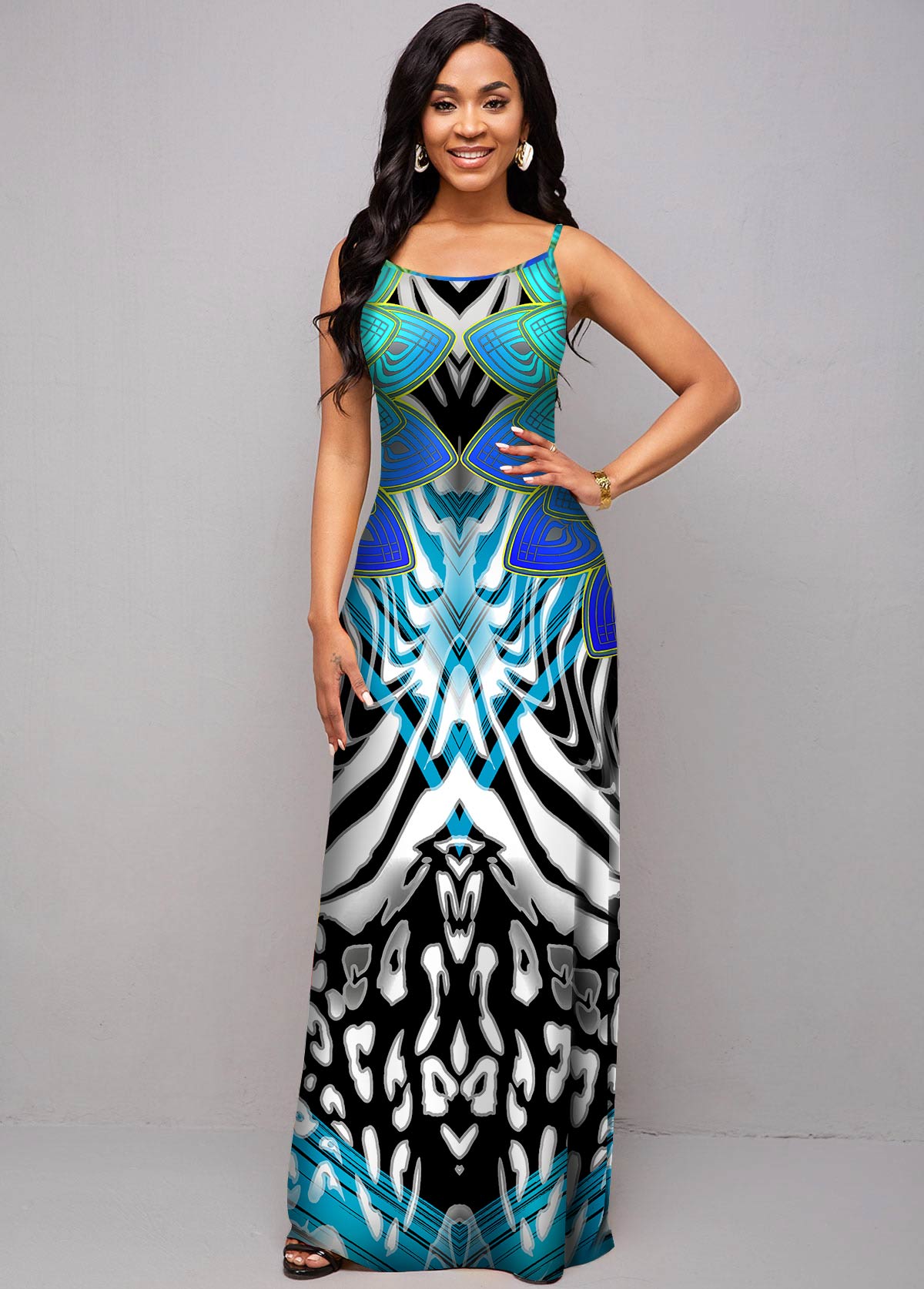 ROTITA Spaghetti Strap Leopard and Tribal Print Dress