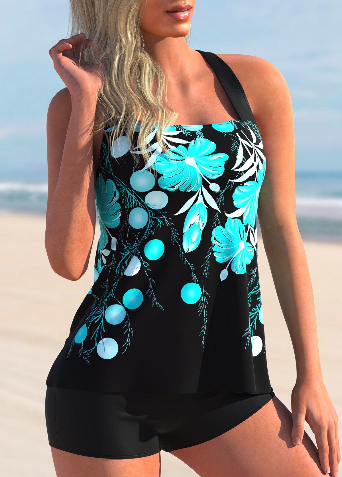 ROTITA Cross Strap Floral Print Tankini Set USD 25.99