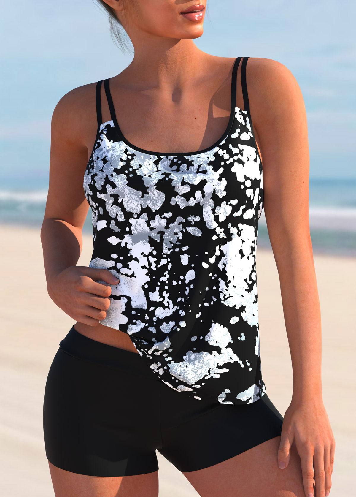 ROTITA Mid Waist Monochrome Texture Print Tankini Set 