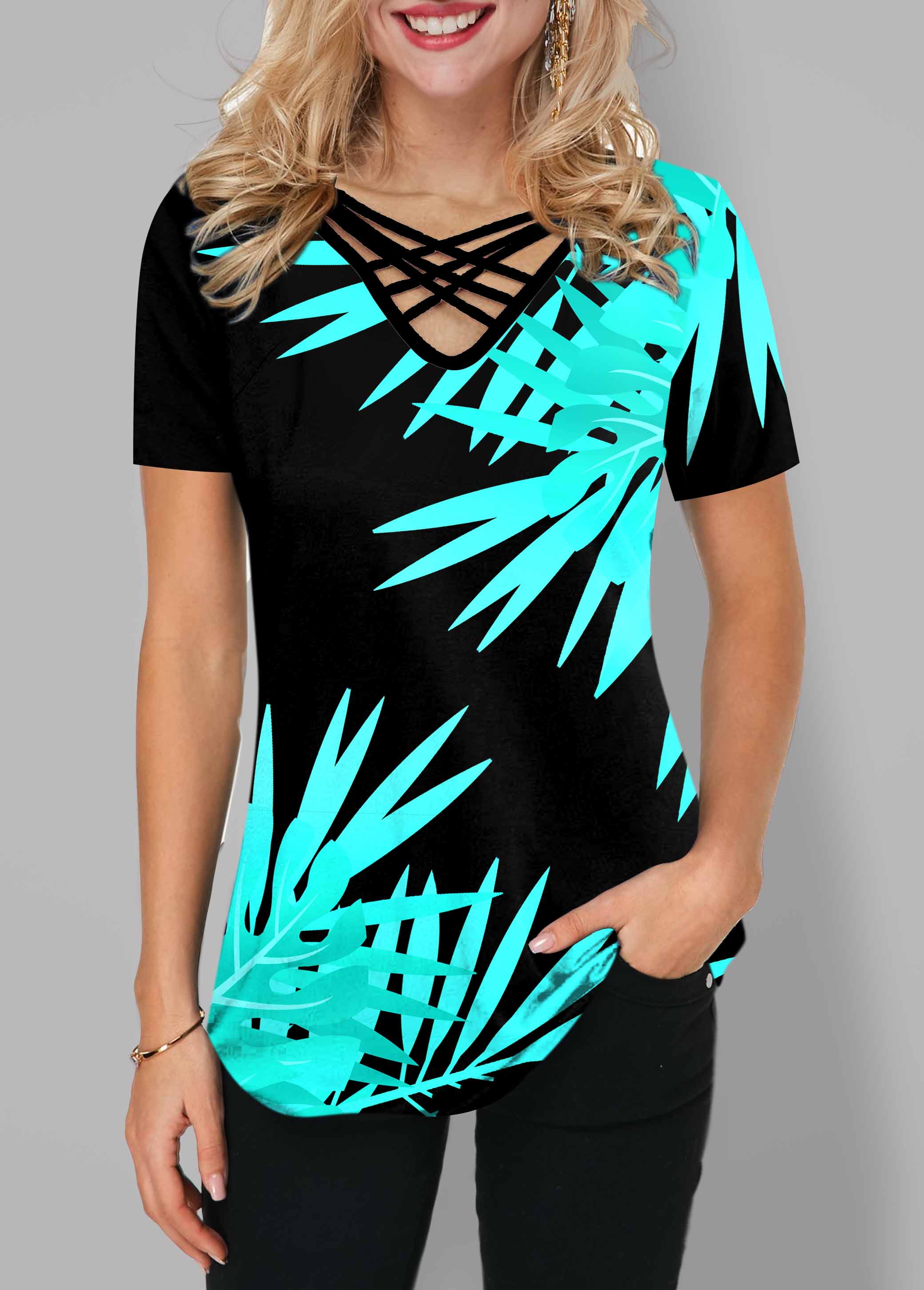Cyan tops,Plants tops,ROTITA Cross Strap Leaf Print Short Sleeve T Shirt