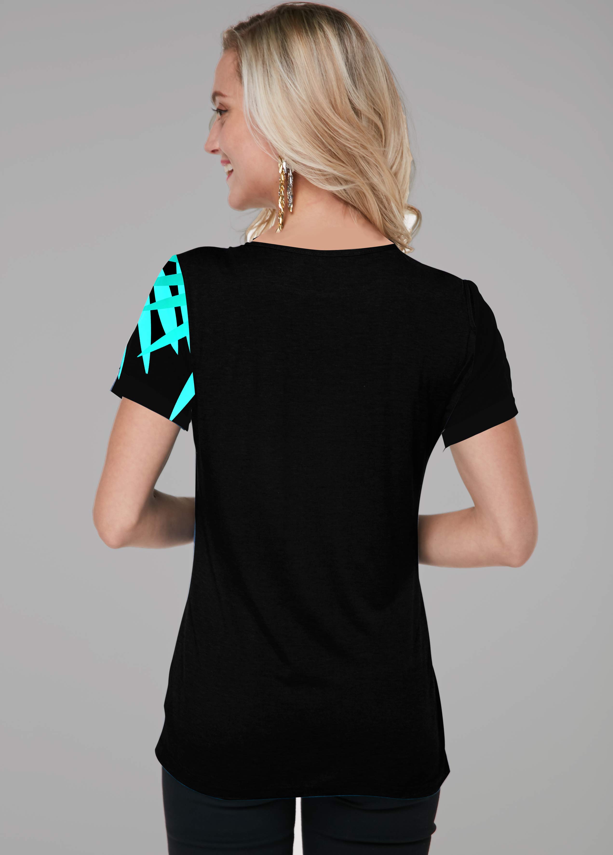 Cyan tops,Plants tops,ROTITA Cross Strap Leaf Print Short Sleeve T Shirt