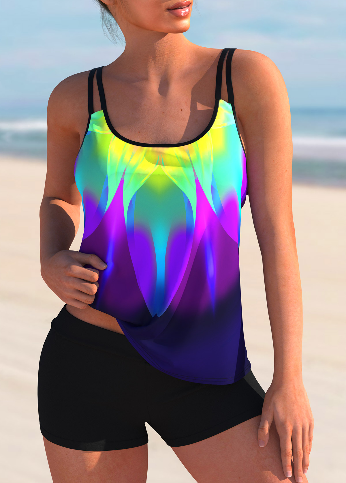 Multi Color swimwear,Dazzle Colorful swimwear,ROTITA Spaghetti Strap Colorful Printed Tankini Set 