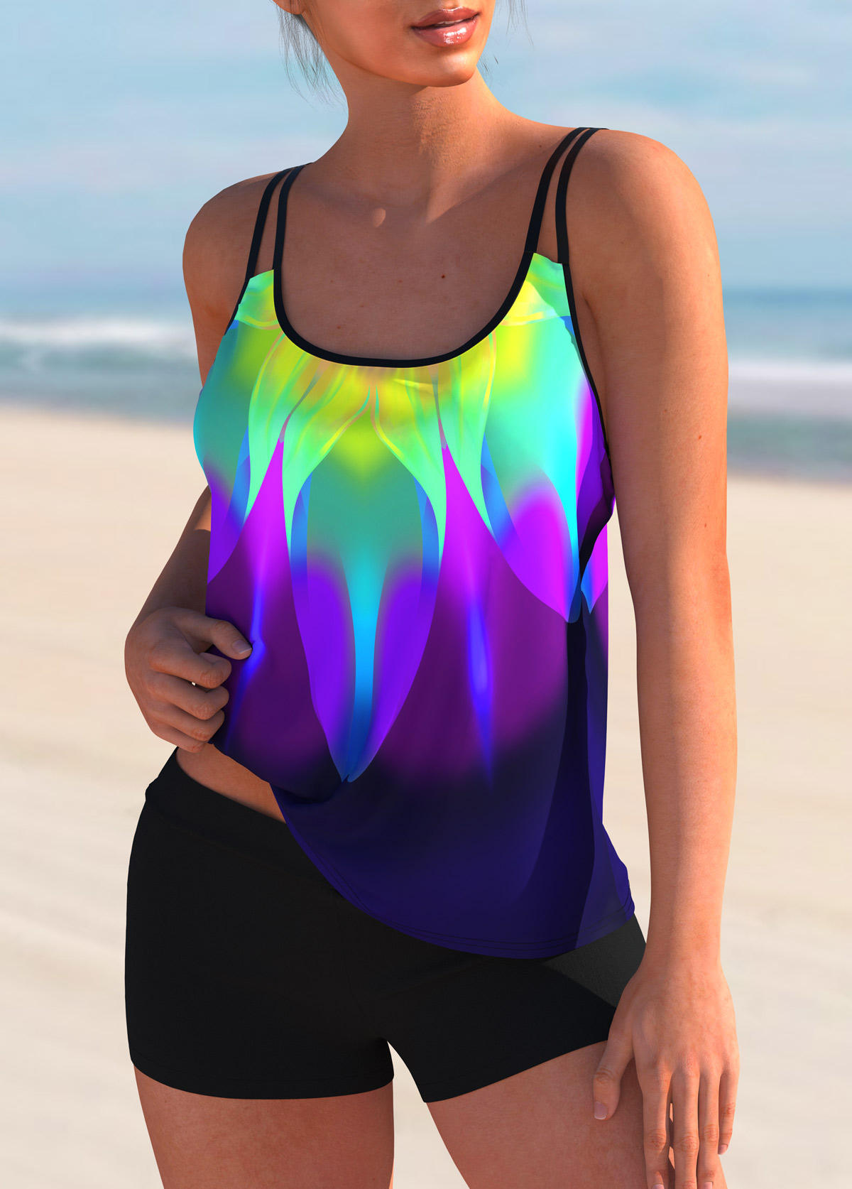 Multi Color swimwear,Dazzle Colorful swimwear,ROTITA Spaghetti Strap Colorful Printed Tankini Set 