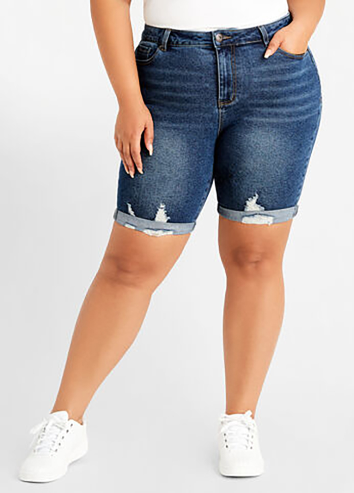 ROTITA Plus Size Shredded Denim Blue Shorts
