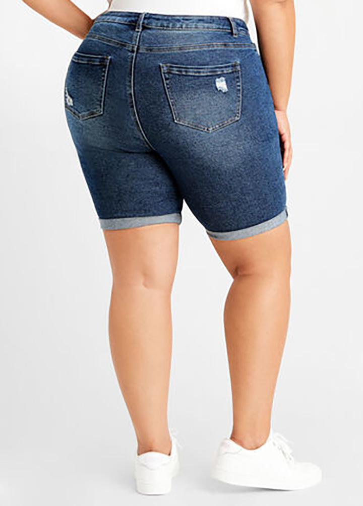 Blue plus size,Plain Color plus size,ROTITA Plus Size Shredded Denim Blue Shorts