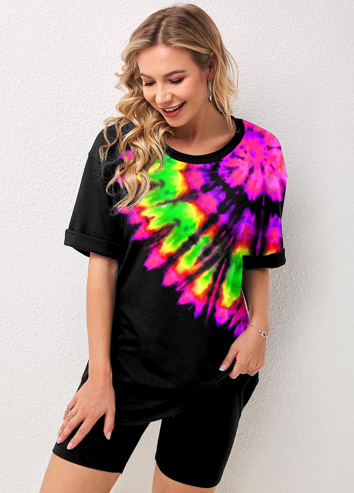 ROTITA Tie Dye Print Multi Color Short Sleeve Sweatsuit Set