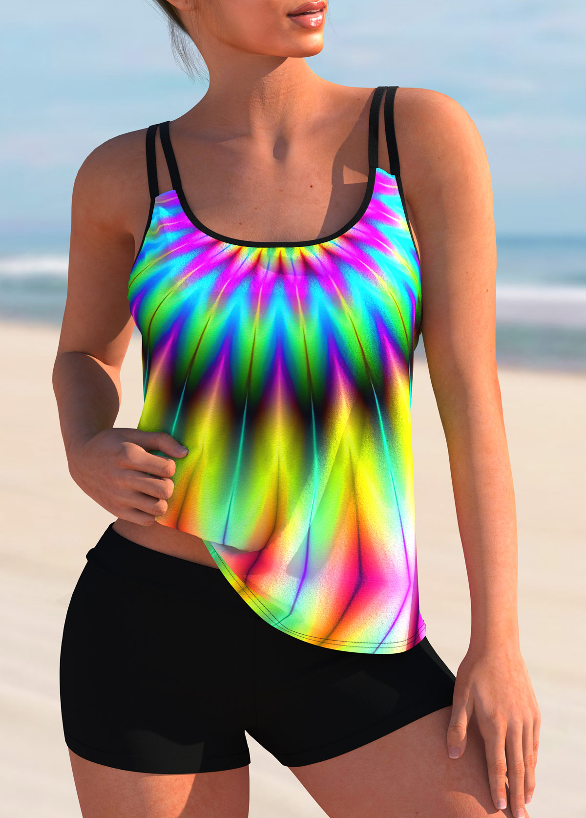ROTITA Multi Color High Waisted Wide Strap Tankini Set 