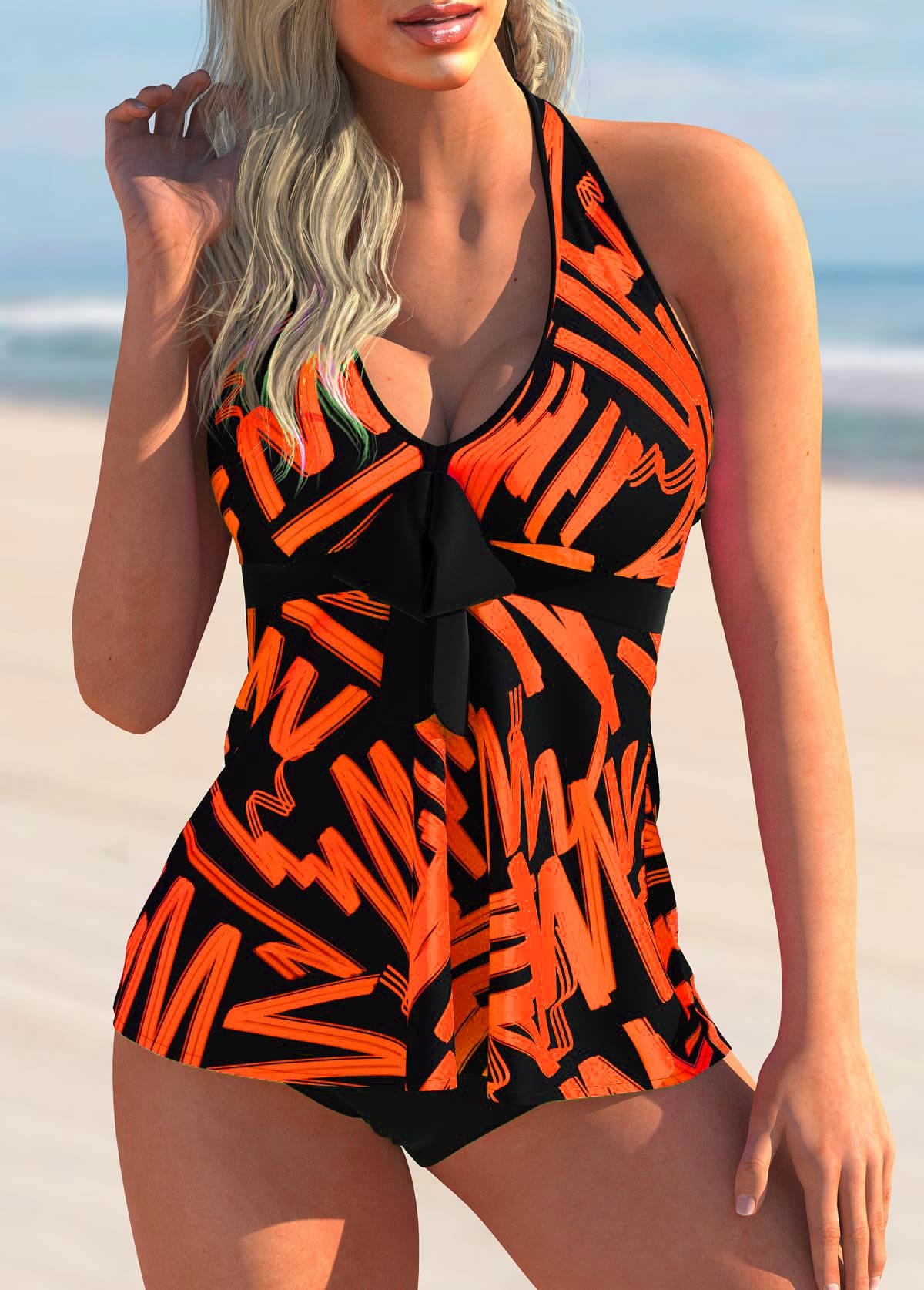 Orange swimwear,Floral swimwear,ROTITA Bowknot Detail Printed Halter Tankini Set 