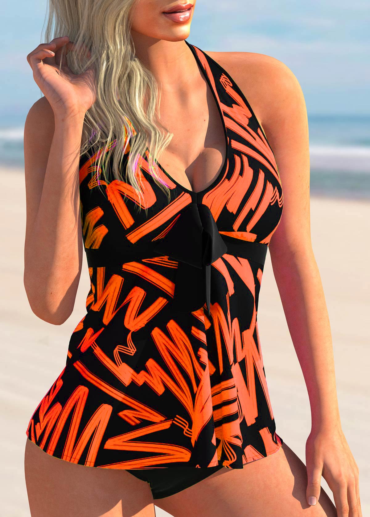 Orange swimwear,Floral swimwear,ROTITA Bowknot Detail Printed Halter Tankini Set 
