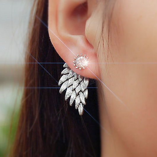 Wings Design Rhinestone Detail Silver Earrings