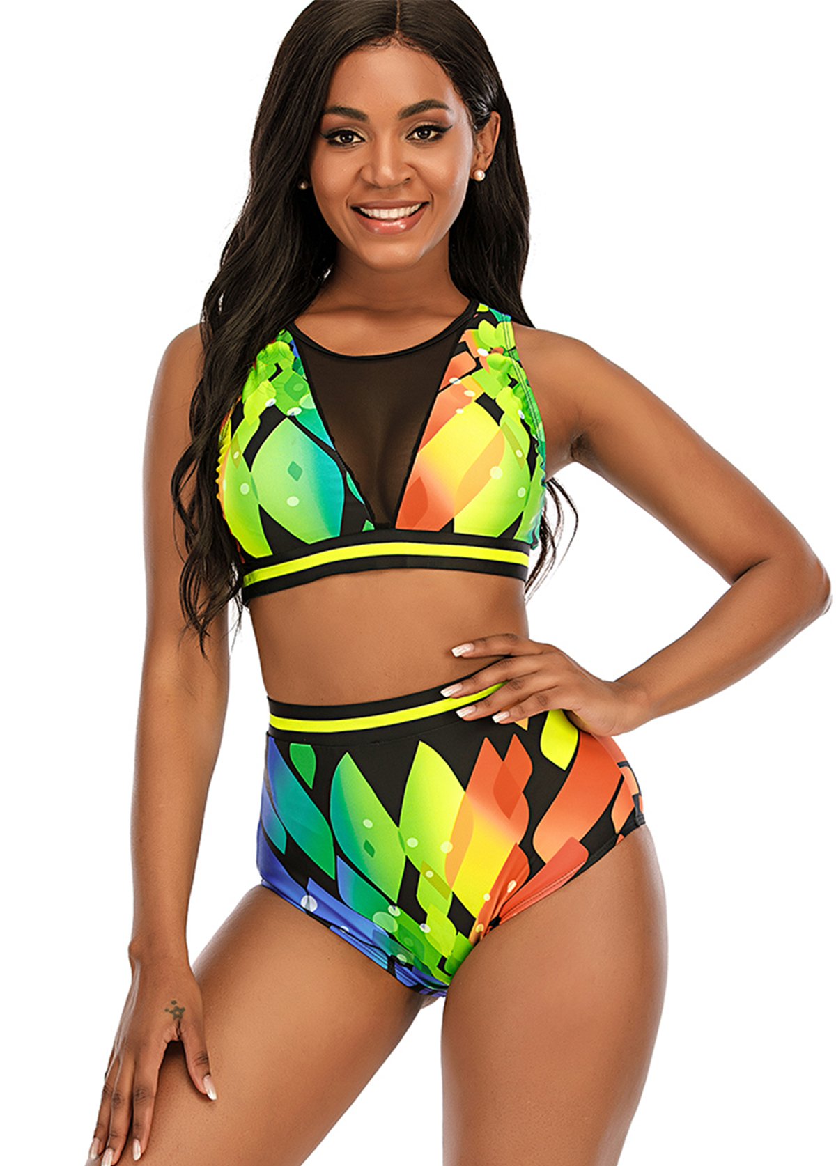 Mesh Stitching High Waist Printed Bikini Set 