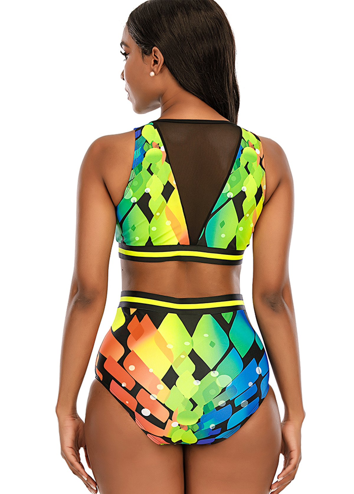 Multi Color swimwear,Geometric swimwear,Mesh Stitching High Waist Printed Bikini Set 