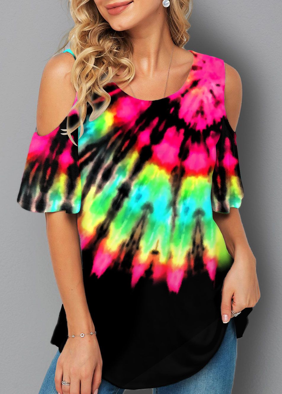 ROTITA Cold Shoulder Tie Dye Print Half Sleeve T Shirt