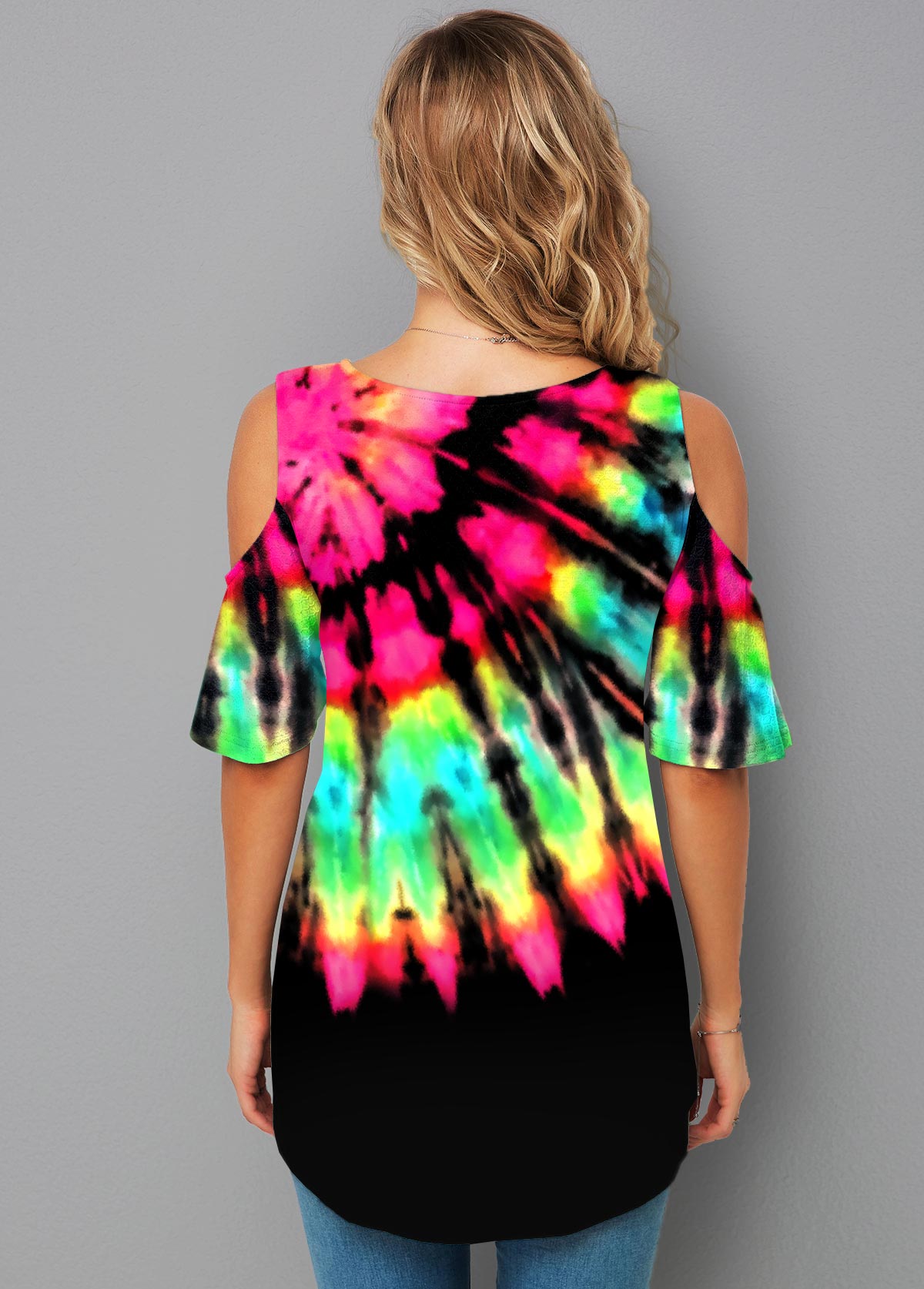 Multi Color tops,Tie Dye tops,ROTITA Cold Shoulder Tie Dye Print Half Sleeve T Shirt