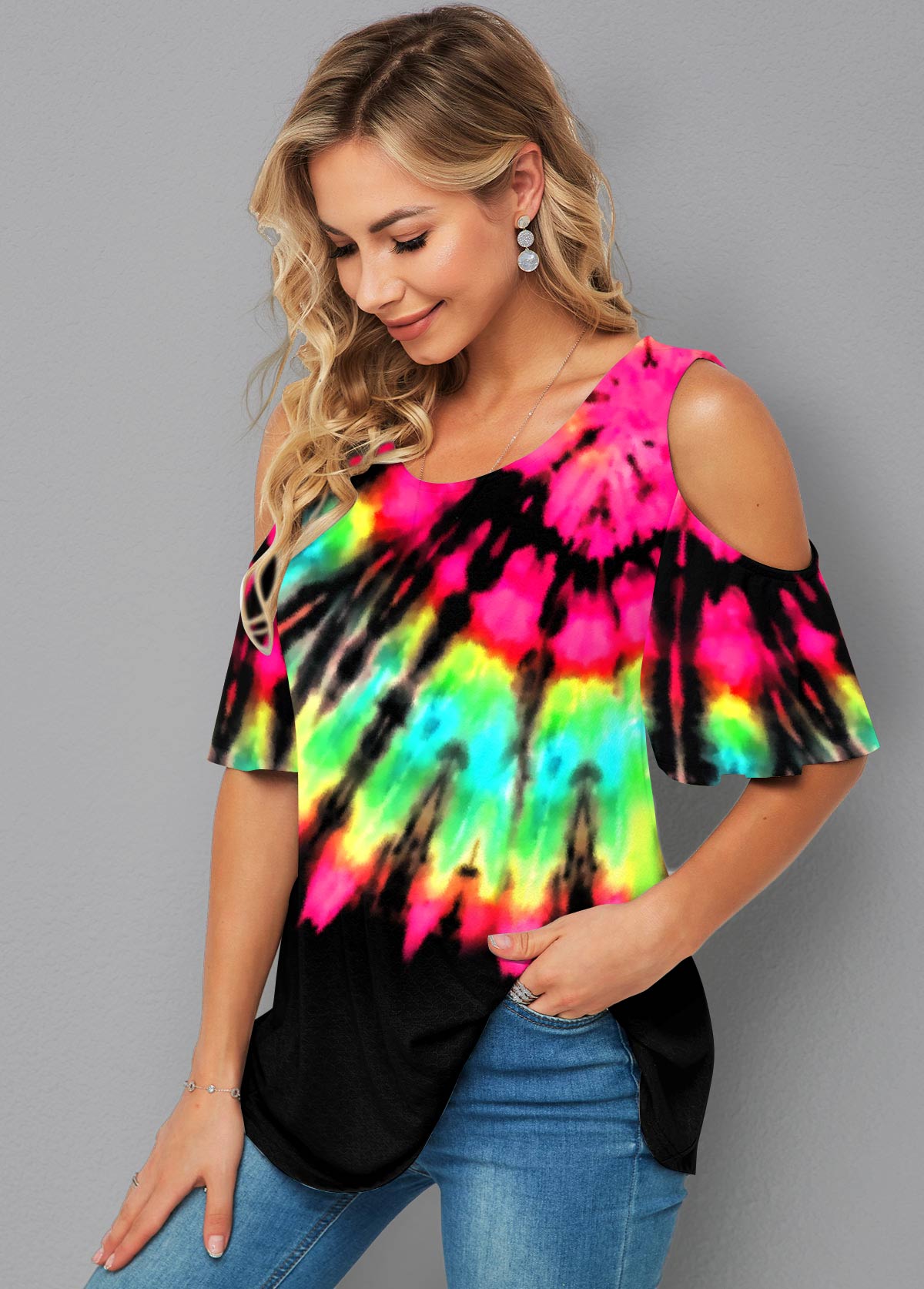 Multi Color tops,Tie Dye tops,ROTITA Cold Shoulder Tie Dye Print Half Sleeve T Shirt