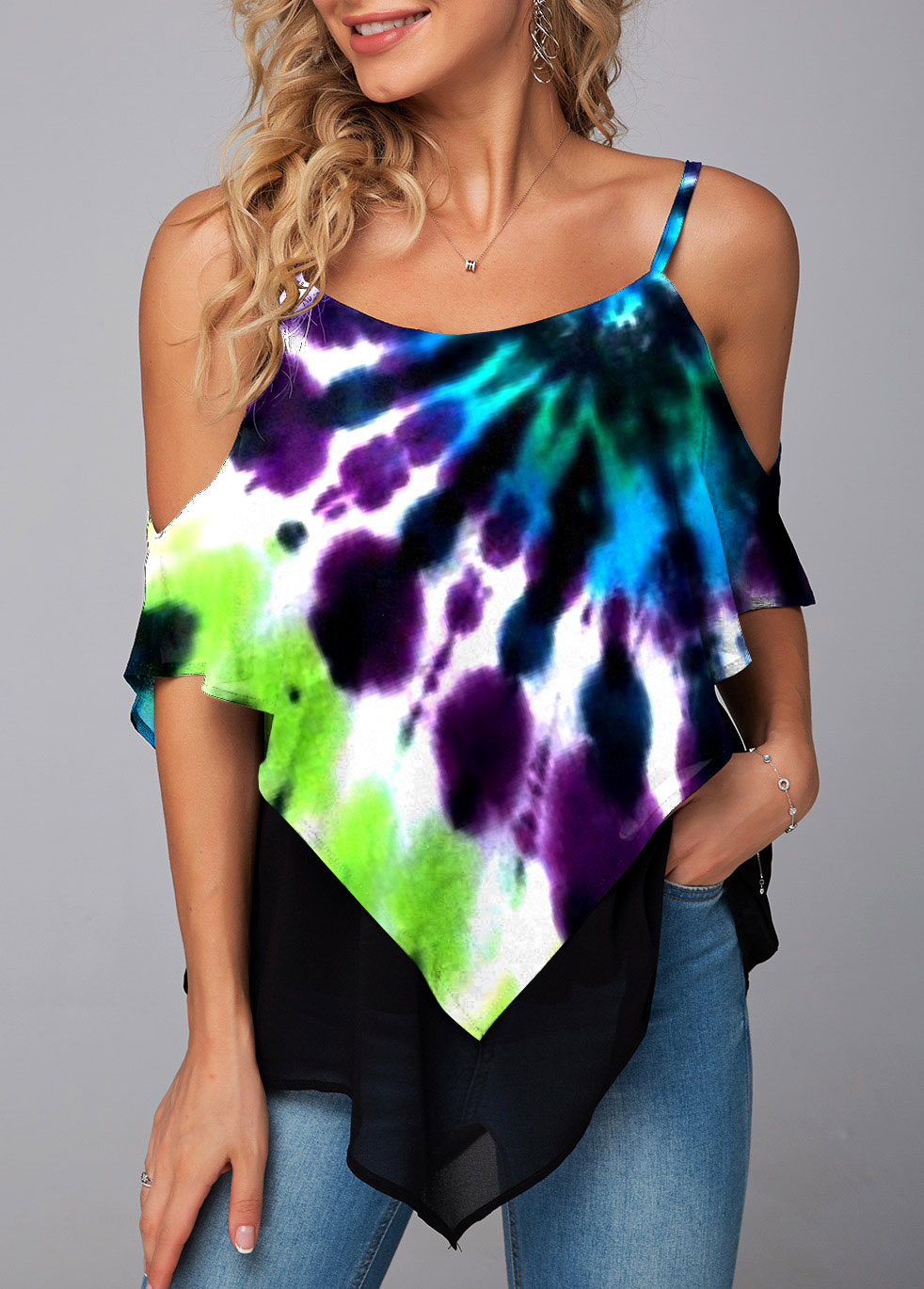 Multi Color tops,Tie Dye tops,ROTITA Asymmetric Hem Tie Dye Print Mesh Stitching T Shirt