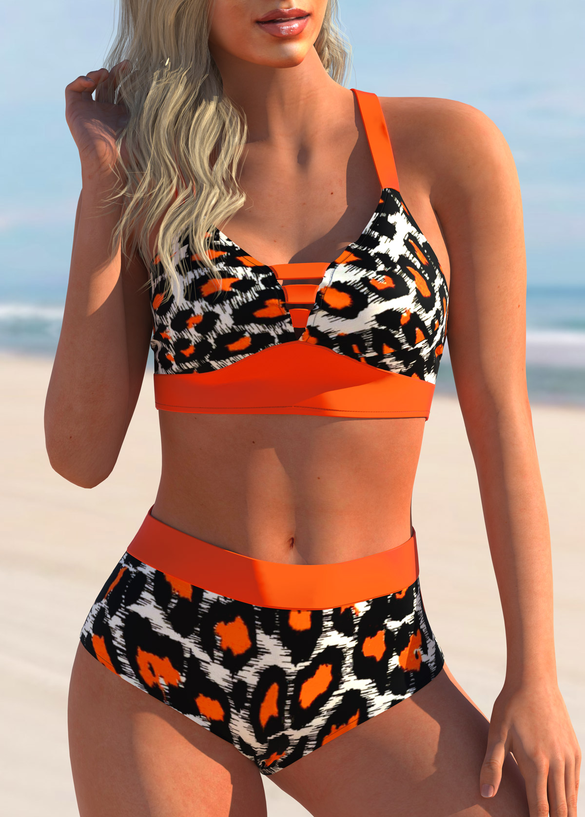 Orange swimwear,Leopard swimwear,ROTITA Criss Cross Back Leopard High Waisted Bikini Set