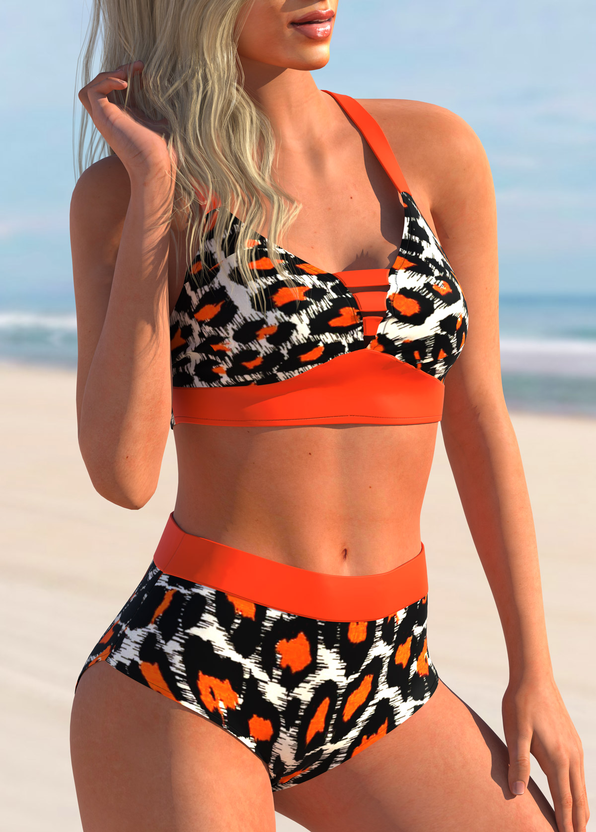 Orange swimwear,Leopard swimwear,ROTITA Criss Cross Back Leopard High Waisted Bikini Set