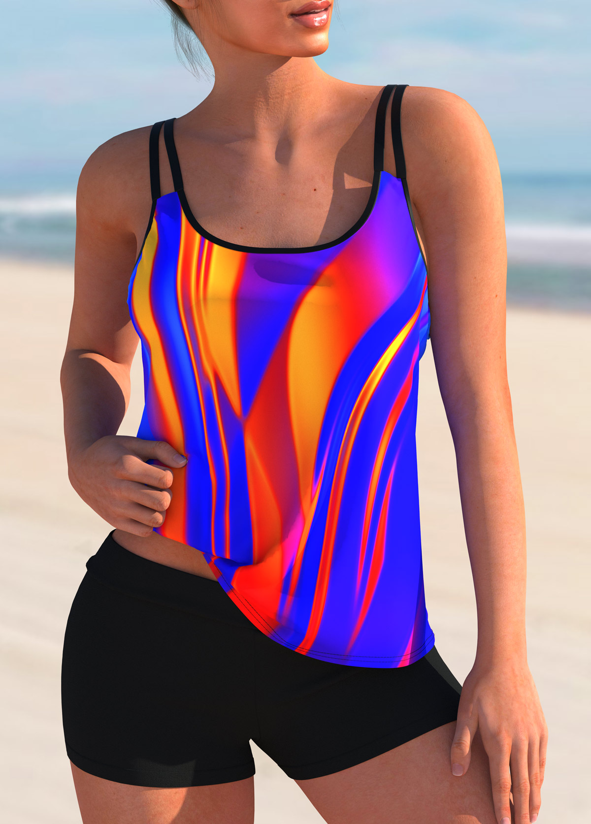 Multi Color swimwear,Floral swimwear,ROTITA Printed Colorful Mid Waist Tankini Set
