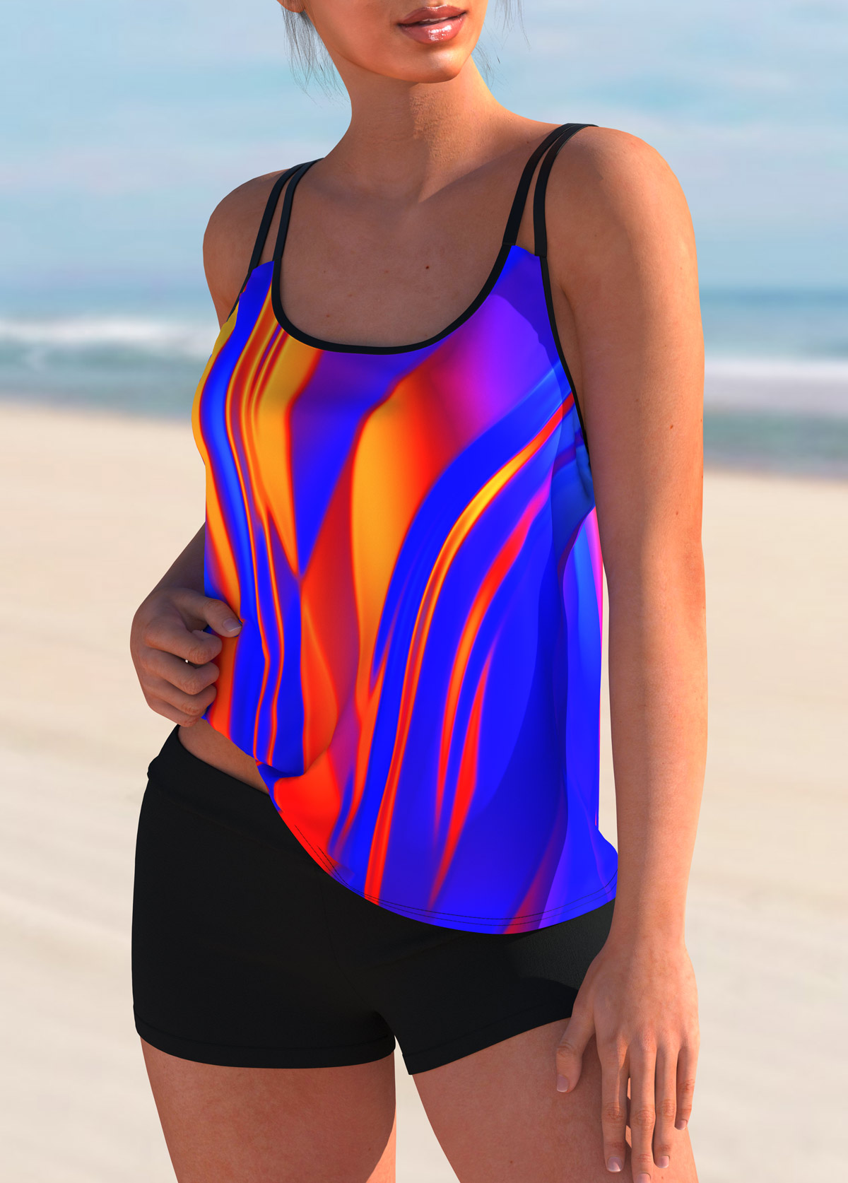Multi Color swimwear,Floral swimwear,ROTITA Printed Colorful Mid Waist Tankini Set