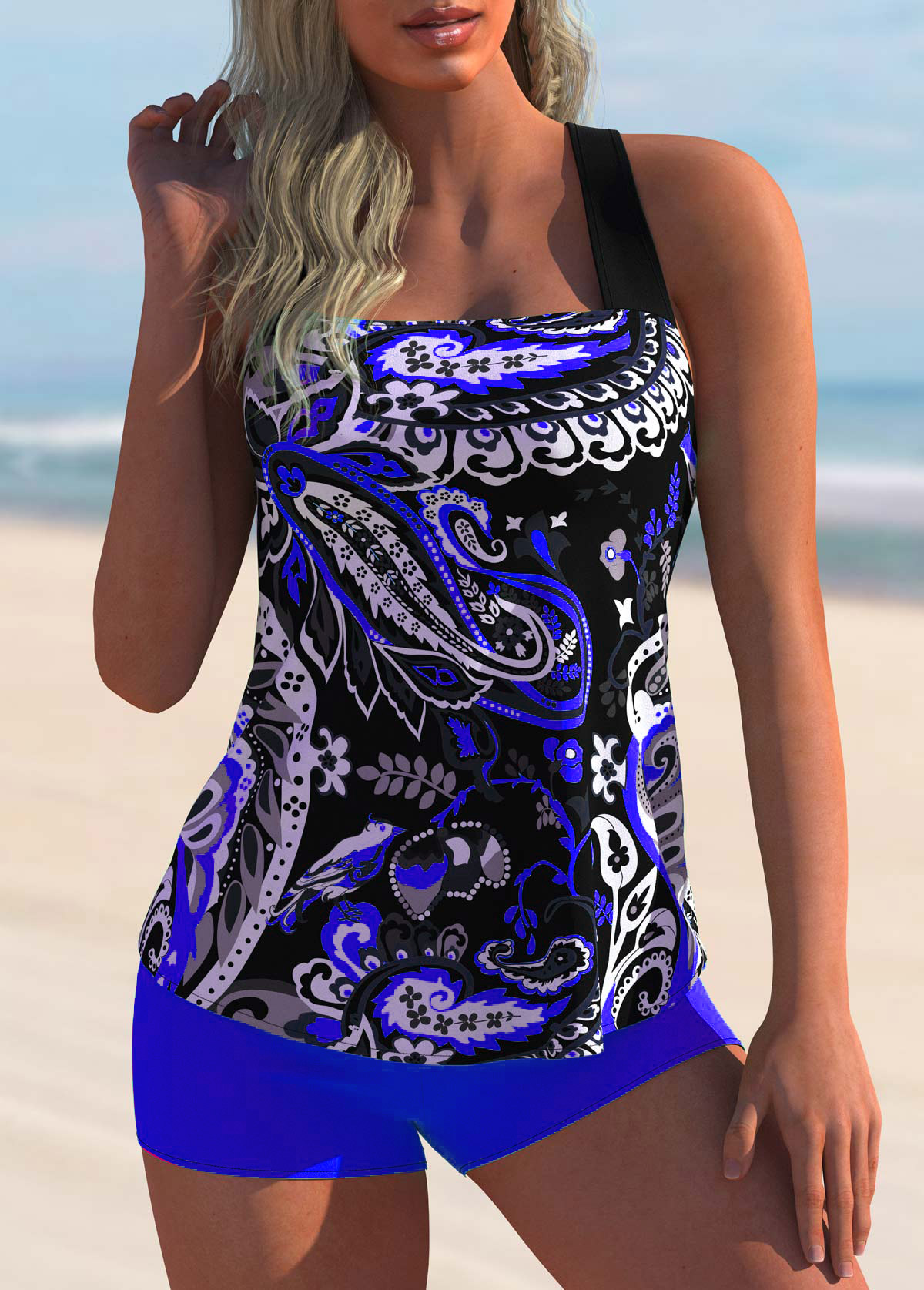 ROTITA Wide Strap Tribal Print Criss Cross Back Tankini Set 