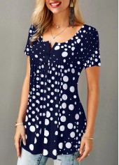 Dot tops,ROTITA Patchwork Polka Dot Split Neck Short Sleeve Blouse